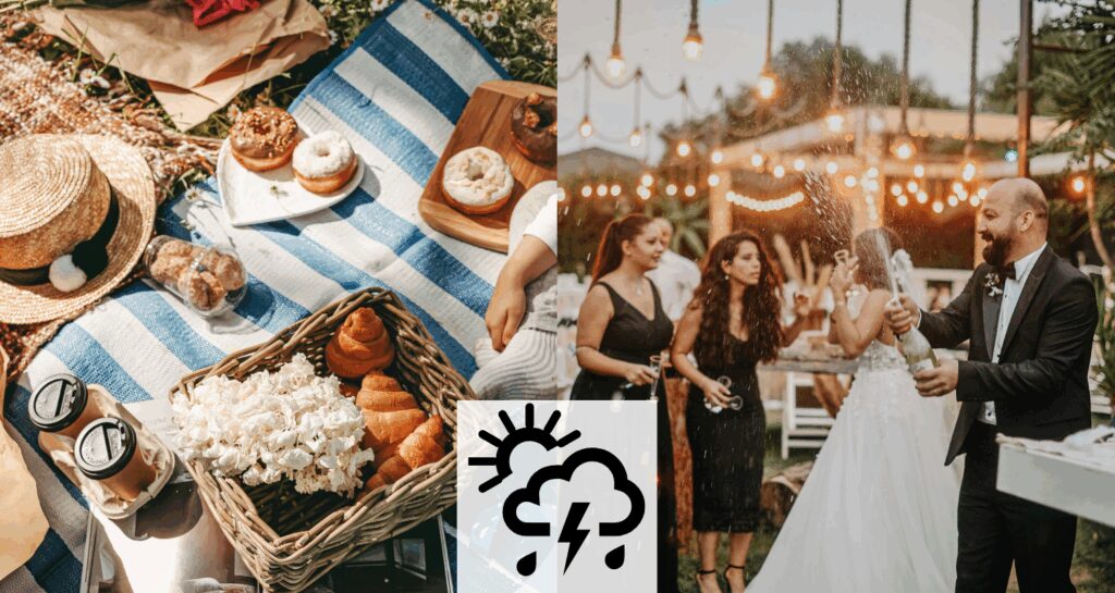 Picnic scene and wedding scene side by side with a weather icon